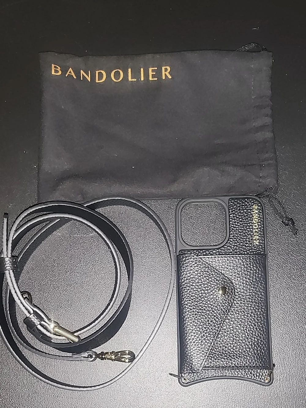 Bandolier Black Pebbled Leather Crossbody Phone Case with Strap